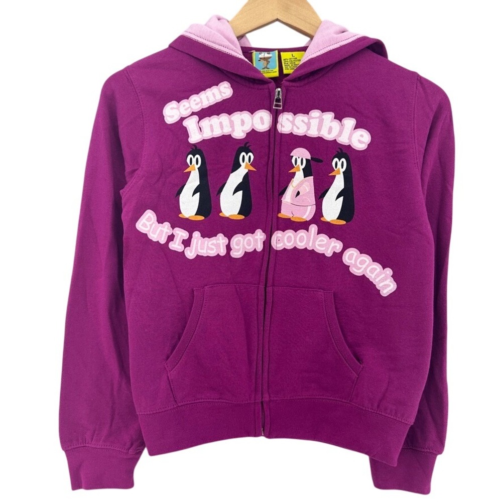 VTG Jim Benton Jerry Leigh Kids Purple Penguin Zip Up Hoodie‎ Sweatshirt L